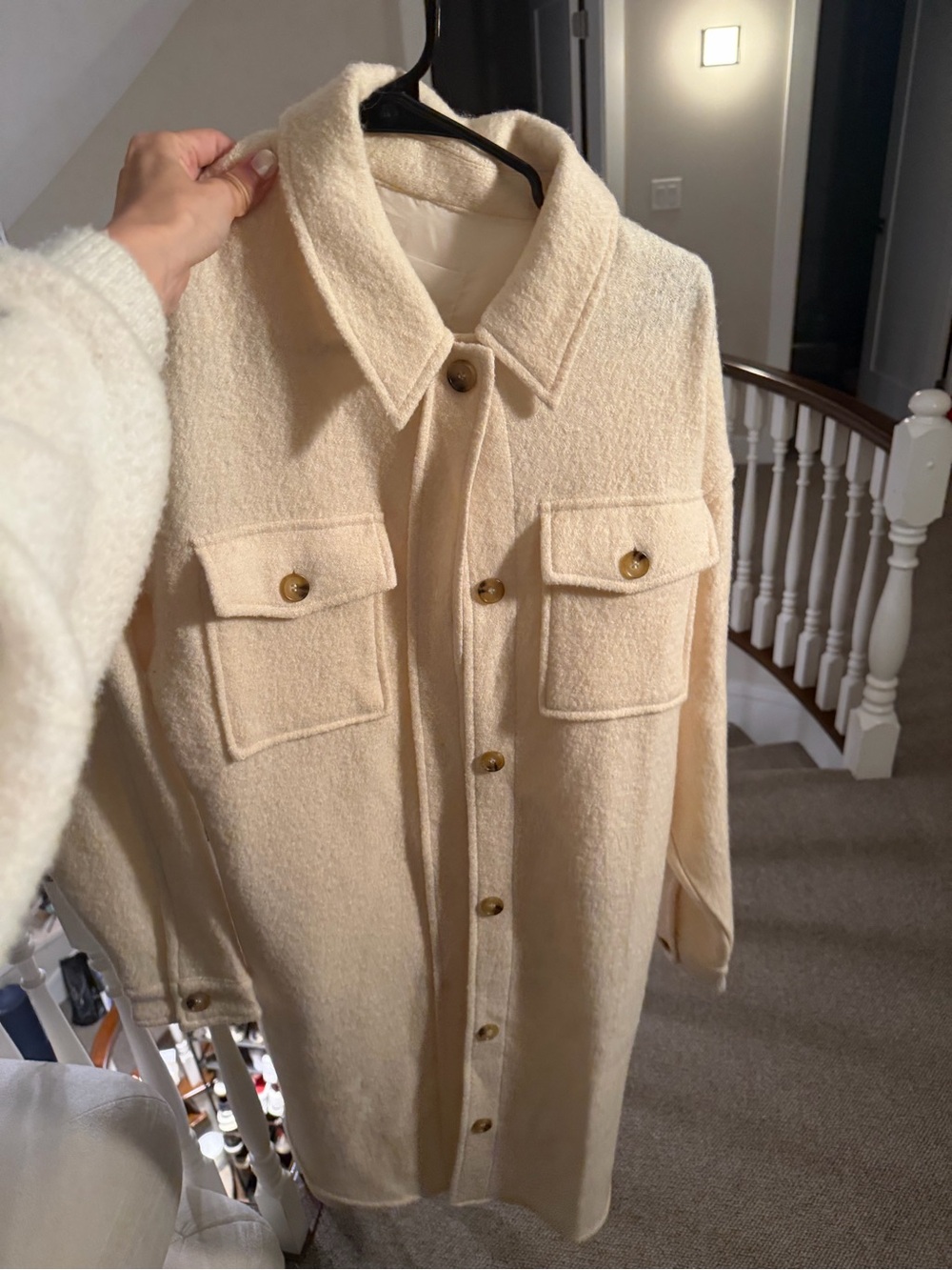 OAK + FORT Cream Button-Front Wool-Blend Shacket